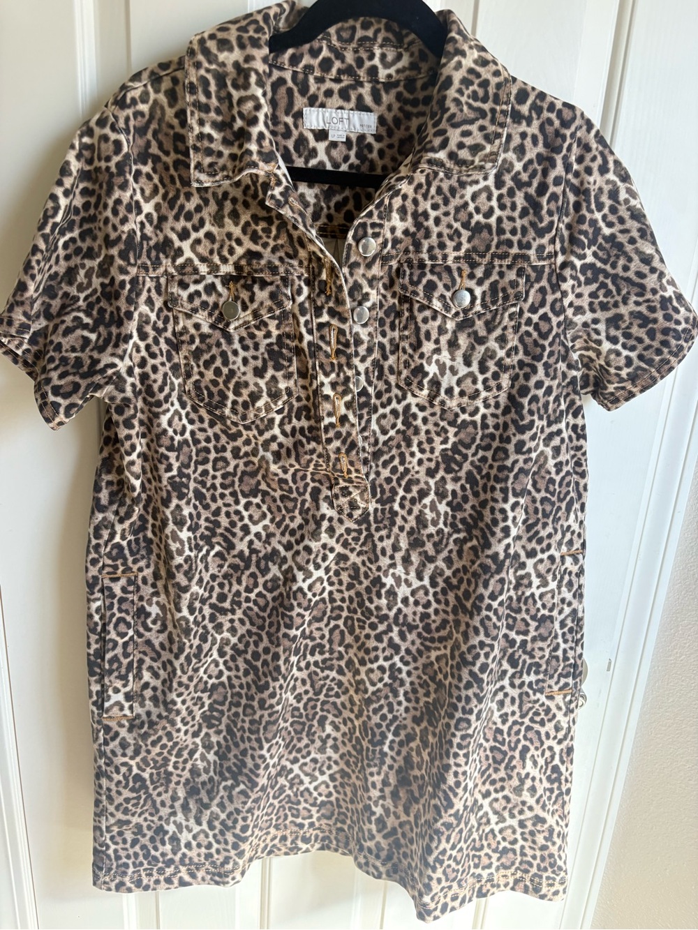 LOFT Short-Sleeve Button-Down Leopard Print Shirt Dress - Brown/Tan